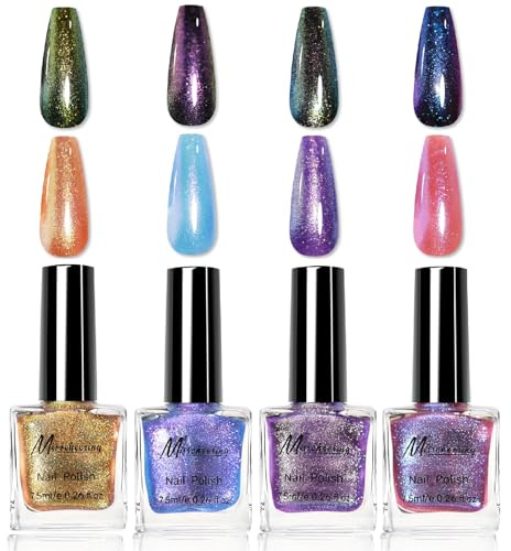 Nail Polish Set, 4Pcs Chameleon Nail Varnish Sets, Holographic Glitter Purple Pink Gold Nail Polish, Shimmer Air Quick Dry Iridescent Nail Lacquer for Finger Nail Women Gift Set