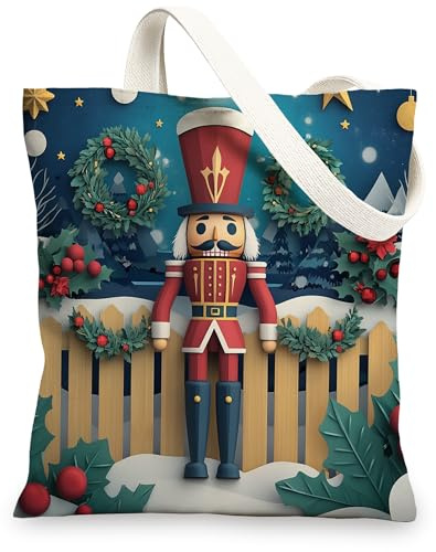 Novelty Christmas Nutcracker Canvas Tote Bag for Shopping 13 * 15, Xmas Snowy Forest Reusable Grocery Bag for Women, Winter Travel Pattern Gift Decoration