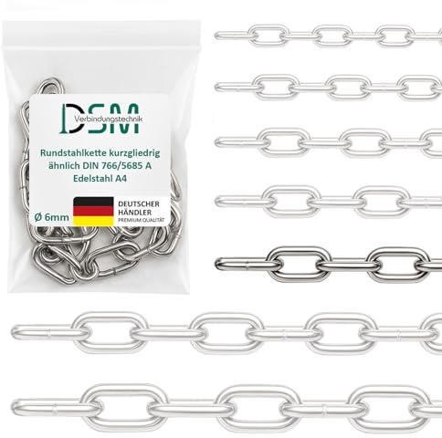 DSM | Catena in acciaio tondo simile a DIN 766 | 6 mm Ø | acciaio inox A4 | antiruggine e resistente alla corrosione | adatta per esterni, giardino, barca e industria, carico di rottura 1630 kg | 3 m