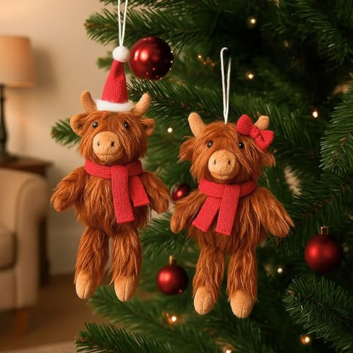 Marco Paul Highland Cow Hanging Christmas Tree Decoration Set - 22cm Red Bow Cow & 25cm Santa Hat Cow - Plush Highland Cow Baubles for Xmas Tree Décor, Indoor Christmas Decorations & Novelty Ornaments
