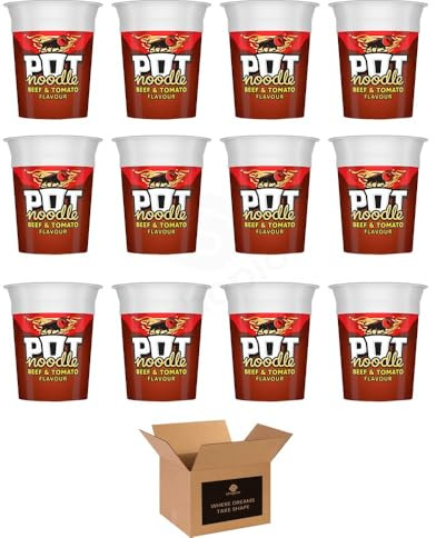 Instant Pot Noodles | Beef & Tomato, Chicken & Mushroom, Original Curry & Bombay Bad Boy | Quick & Easy Ready Meal Snack Pots | Cup Noodles Variety - 90g (Case of 12, Beef & Tomato 90g)