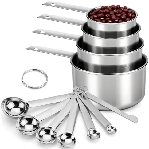 WJMY 11 Stück Messlöffel Set Edelstahl Measuring Cups und Spoons | Stapelbar cup mit Lineal messbecher set Klein dosierlöffel Cups/ML/TSP gadgets für Backen, Kochen