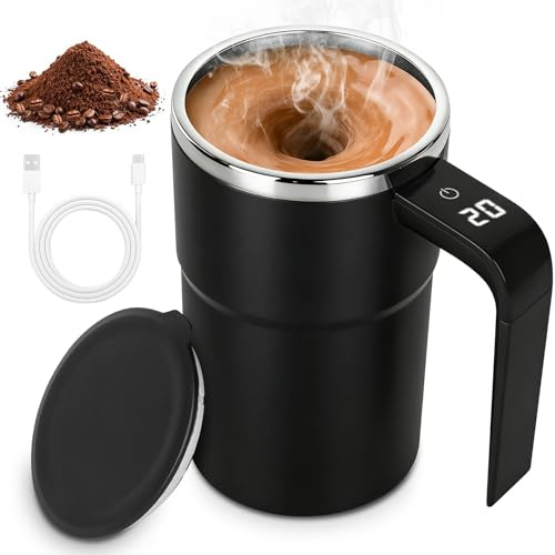 FENYW Selbstrührende Tasse, 380ml Selbstrührende Kaffeetasse mit Temperaturanzeige, Selbstrührender Kaffeebecher, Automatisch Magnetisch, Edelstahl, USB, für Kaffee,Milch und andere Getränke(Schwarz)