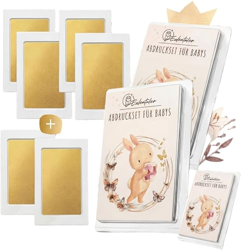 EULENTALER Baby Abdruck Gold 2+1 [Vorteilspack] Von Pädagogen empfohlen | [1x Set Gratis] ohne Hautkontakt für Hand Abdruck, Fuss Abdruck & Pfotenabdruck, 6 Stempelkissen, Baby Geschenk zur Gebur
