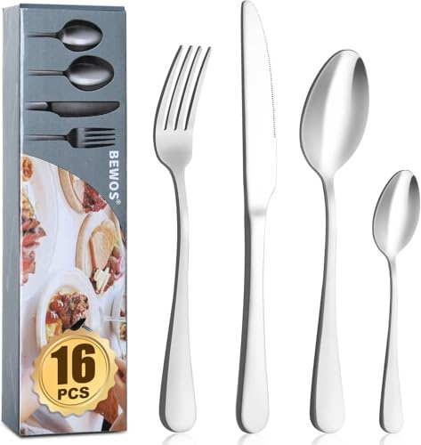 Cutlery Set, BEWOS 16 Piece Stainless Steel Matt Silver Flatware Set, Tableware Silverware Set with Spoon Knife and Fork Set, Service for 4, Dishwasher Safe/Easy Clean