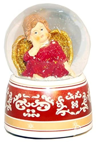 20033 Schneekugel Engel rot Sockel mit Ornamenten - mit Spieluhr Wassermusik 140mm hoch