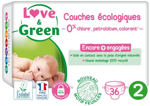 Love & Green - Gesunde und umweltfreundliche Babywindeln – Größe 2 (3-6 kg) – 36 Windeln – saugfähig, auslaufsicher und ohne unerwünschte Inhaltsstoffe