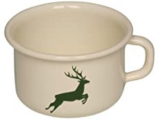 Riess, 0299-072, Kaffeeschale 10, Kaffeebecher, COUNTRY - HIRSCH GRÜN, Durchmesser 10 cm, Höhe 7,4 cm, Inhalt 0,4 Liter, Emaille, beige mit grünem Hirsch, Induktion