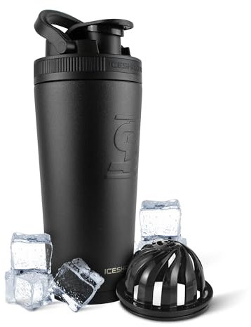 Ice Shaker Acier inoxydable eau isolé bouteille de mélange de protéines Coupe - Maintient glace pour 30 heures Vu sur Shark Tank  € | 26oz Noir - Bandes noires