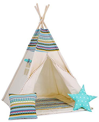 Kinder Teepee Tipi Set für Kinder Spielzeug drinnen draußen Spielzelt Zelt 8 Elemente dabei Tipi-Set Indianer Indianertipi mit Fenster usw. (mit kleinem Zubehör, Apache)