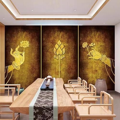 Bergamotte Lotus Wallpaper Thailand Thai Schönheitssalon Buddha Hall Wandbild Südostasiatischen Stil Dekorative Buddhismus Zen Wall fototapete 3D Tapete effekt Vlies wandbild Schlafzimmer-200cm×140cm