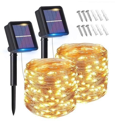flintronic Solar String Lights Outdoor, 2PCS Garden Lights (120 LED 8 Modes) 12M/39ft Auto on/Off Copper Wire Lighting, Waterproof Decorated Light for Christmas, Party, Home, Garden (Warm White)…