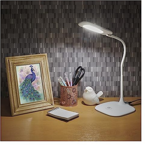 EMOS dimmbare LED Tischlampe STELLA 6,5W, Helligkeit max. 400lm, Lichtfarbe 4000K, flexibler Arm, 1,7m Netzkabel mit EURO-Adapter, CRI>80, Leuchtdauer 30000 h, weiß