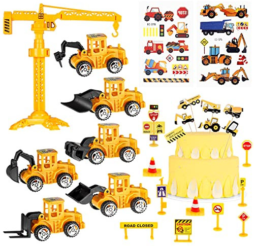 Xinzistar 26pcs Construction Digger Cake Toppers Dump Truck Excavator Tractor Cake Decoration with 10 Road Toy Sign 2 Sheet Construction Vehicle Stickers Car Birthday Cake Decorations for Boy Kids