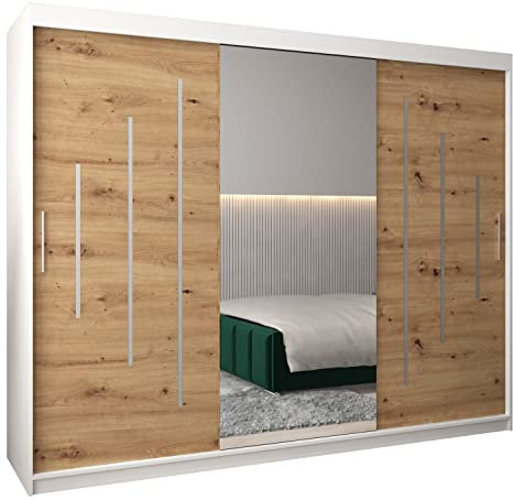 MEBLE KRYSPOL York 1 250 Schlafzimmerschrank mit DREI Schiebetüren, Spiegel, Kleiderstange und Regalen – 250x200x62cm - Mattweiß + Artisan
