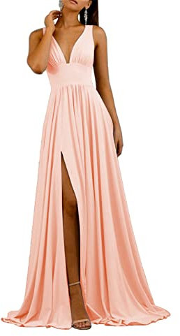 HPPEE Abito da damigella d'onore da donna, scollo a V, taglie forti, abito da sposa con spacco, Pesca, 48