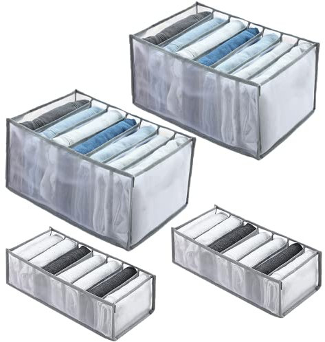 4 Pcs Drawer Organiser - Wardrobe Storage Organiser, 7 Grids Foldable Wardrobe Clothes Organiser Drawer Dividers, Washable Clothes Storage Boxes for Jeans, Underwear, Sweaters, Leggings 2M+2L