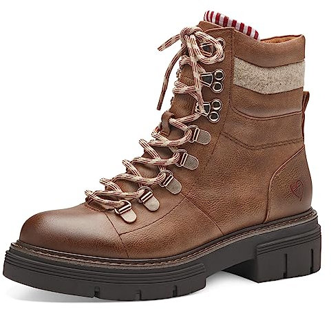 MARCO TOZZI Damen Stiefeletten zum Schnüren aus Kunstleder Plateau, Braun (Cognac Comb), 39