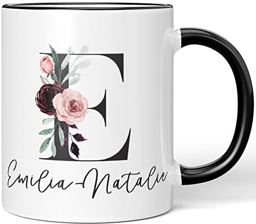 JUNIWORDS Tasse, Emilia-Natalie, Name Anfangsbuchstabe Initial Alphabet Floral Buchstabe E Monogramm Motiv, Schwarz (5567251)