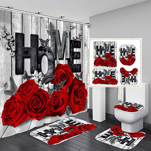 Yddsky Lot de 4 rideaux de douche antidérapants avec tapis de bain, housse de toilette, tapis en forme de U, rideau de douche noir et rouge avec 12 crochets