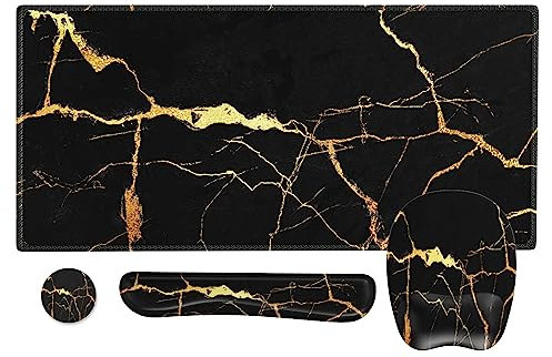 Anyshock Mousepad with Wrist Rest, Desk Pad for Keyboard and Mouse, Black Mouse Pad, Ergonomic Mouse Pad Set, Keyboard Wrist Rest with Coaster, Desk Mat Set for Office (Black Gold Marble)