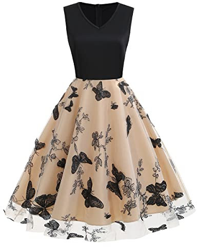 IWEMEK 1950 Dresses for Women Vintage Rockabilly Swing Butterfly Floral Tea Dress Sleeveless V-Neck A-line 50s 60s Pinup Audrey Hepburn Style Wedding Party Prom Cocktail Dress Beige Butterfly XXL