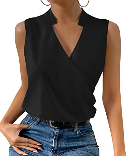 ORANDESIGNE Débardeur Femme Chic Et Élégant Top Chemisier Sexy Blouse Ample Haut Été sans Manches Tee Shirt Col V Fluide Mode Casual Chemise Classique Debardeur Travail Camisole A Noir XXL