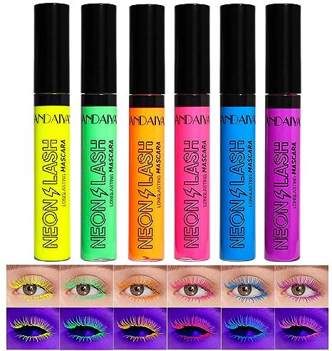 UV Glow Colorful Mascara 6 Farben 4D Lash Mascara, Lang anhaltende, wischfeste, voluminöse und charmante Wimperntusche, perfekt für Tag oder Nacht Bühne, Clubbing oder Kostüm Make-up (All)