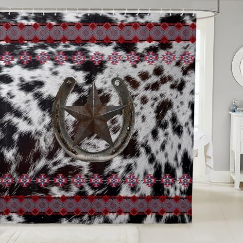 feelingyou Sterne Hufeisen Duschvorhänge Zuhause, Rindsleder Cowboy Bad Vorhang, Südwest Azteken Tribal Tuch Stoff Bad Zimmer Set mit Haken, S Größe