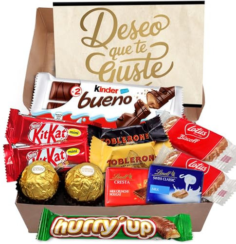 Cajita Regalo LINDT + FERRERO y Hasta 12 Bombones y Chocolates Kinder Bueno, Toblerone, Kit Kat, Galletas Lotus Biscoff y Chocolate Hurry Up · Día de la Madre · Con Tarjeta y Texto Personalizada