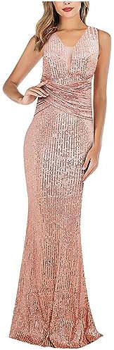 HAOLEI Women Mermaid Prom Evening Dress V Neck Sleeveless Elegant Floor Length Dresses Sequin Wedding Sexy Maxi Dress Prom Ball Gowns Glitter Fishtail Party Cocktail Dress Rose Gold