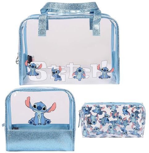 Disney Stitch Ensemble de Trois Trousses de Toilette Bleues avec Fermeture à glissière, 3 pièces.