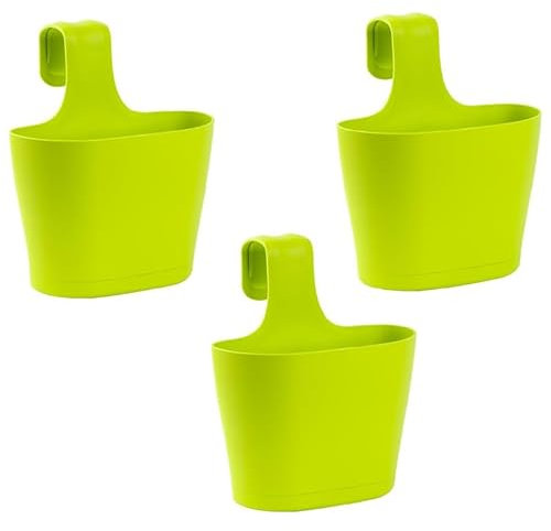 ENGELLAND 3 x Blumentopf zum Auf-Hängen, Geländertopf, Grün, Hängetopf, Balkon-Kasten, oval, Übertopf, Pflanzkasten, mit Wasserspeicher/Wasserauffangschale, 2,8 Liter