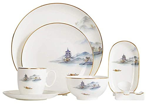 OrLtL Pottery Tableware,8 Pieces Landscape Painting Porcelain Dinnerware Set Ceramic Plate Combination Sets Dinner Plate Dessert Plate Bowl and Mug