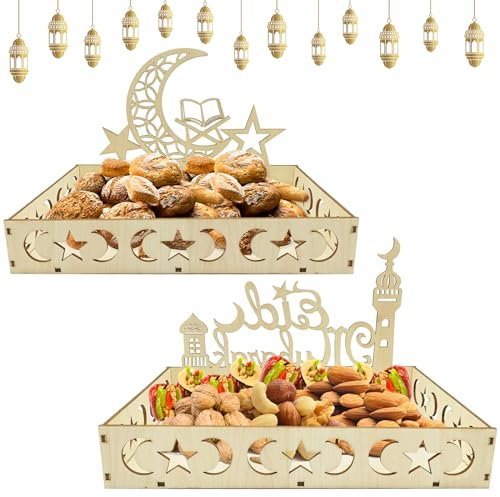 Tuofang Bandeja Decorativa Ramadán, 2 Piezas Bandejas de Madera Ramadan Eid Mubarak con Motivos de Luna, Bandejas de Postres Ramadán para Decoración Fiesta Postre Cocina Mesa Dulces
