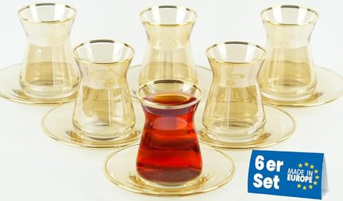 Lyros Türkische Gold Teegläser Set - 6er Pack, Glas & Untersetzer golden verziert, Goldenes Glas, Handverarbeitet