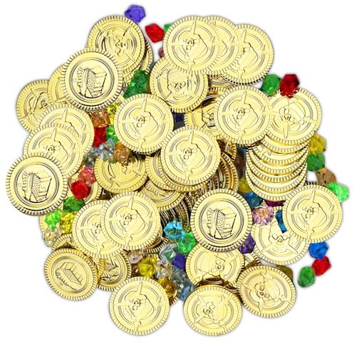 Lectorias Edelsteine(200Pcs), Spielzeug Spiel Goldmünzen Kindergeburtstag Piraten Münzen, Goldtaler Piratenschatz für Jungs Piraten-Plastikmünzen, Schatz Goldmünze Piratenmünzen Spielmünzen