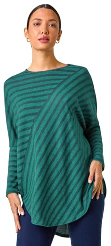 Roman Originals Contrast Stripe Stretch Jersey Top for Women UK - Ladies Everyday Autumn Winter Round Neckline Comfy Soft Evening Vacation Work Party Night Out - Teal & Blue - Size 14