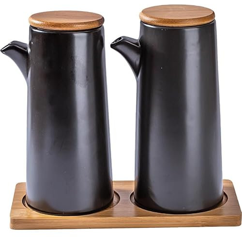 CZHJM Set di 2 Pezzi 350ml/450ml Bottiglia di Olio in Ceramica con Coperchio in Legno E Piattino Senza Gocciolamento Oliera per Aceto per Dispenser di Salsa di Soia da Cucina