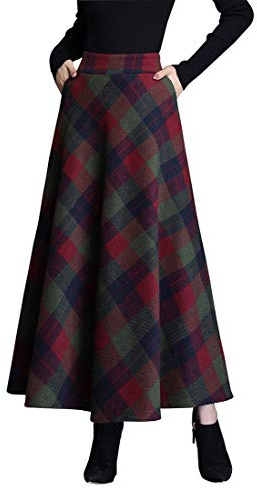 Artykey Jupe Longue Femme Hiver Taille Haute Vintage Élégant Maxi Skirt Carreaux A-Ligne Automne Jupe Plissée Vert XL