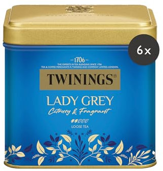 Twinings LADY GREY Schwarzer Tee in der Tee-Dose - Mischung chinesischer Schwarztee Teesorten mit Orangen- & Zitronenschale, vollendet mit Bergamotte-Aroma, 6er Pack (je 100g)