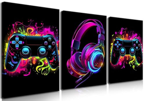 BGFCE Gaming-Deko-Set, Neon-Videospiel-Leinwandbilder fürs Gaming-Zimmer, gerahmte Poster und Drucke als Wanddeko für Jungenzimmer, Kinder- und Jugendzimmer, 40,6 x 61 cm, 3er-Set