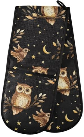 Double Oven Gloves Vintage Owls Stars Moon Black Heat Resistant Pot Holder Oven Mitt Gloves for BBQ Cooking Baking Grilling Microwave