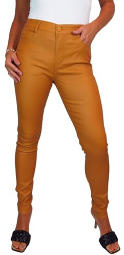 icecoolfashion Women's High Waist Stretch Leather Look Jeans Ladies Skinny Coated Jean Trousers with Pockets Mustard Yellow 10-22 (20)