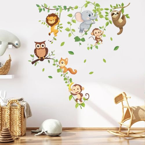 PLIGREAT Dschungel Tiere Wandtattoo Cartoon Vine Klettern Wandaufkleber Affe Faultier Löwe Elefant Eule Eichhörnchen Vinyl Wandaufkleber für Kinder Kinderzimmer Schlafzimmer Klassenzimmer Wanddeko