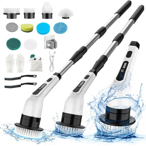 Cepillo Electrico Limpieza Hogar, Fregadora Giratoria EléCtrica con 10 Cabezas de Cepillo Reemplazables, con 139 CM Mango Ajustable y 2 Velocidades para Baño Bañera Cocina Coche