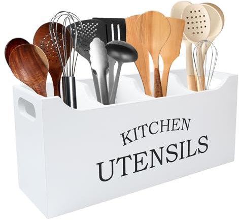 Karisky Utensil Holder for Kitchen Counter, Wood Extra Large 4 Compartments Kitchen Utensil Holder with Drainage Bottom for Countertop, Farmhouse Cooking Tools Organizer for Spatula, White