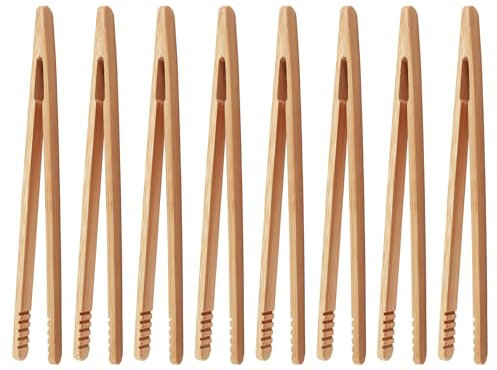 Lot de 8 pinces à barbecue en bambou de 18 cm - Pinces à barbecue en bois robustes - Pinces à toast en bois de cuisine - Pinces de rechange - Petite pince pour toast, salades, viandes grillées, viande
