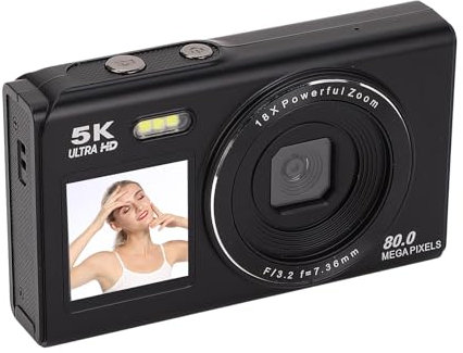 5K Digitalkamera, 80 MP UHD -Dual -Bildschirme Vlog -Kamera mit Taschenlampe, 18 -facher Zoom, Autofokus, Selfie -Kamera Point and Shoot Digital Camera für Reisefotografie (64GB)