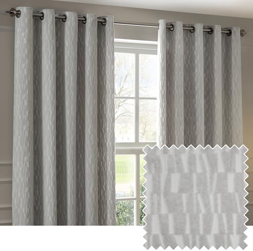 Paoletti Manhattan Room Darkening Eyelet Curtain Pair – Elegant Velvet Geometric Textured Lined Ring Top Drapes (Silver - 229x229cm)